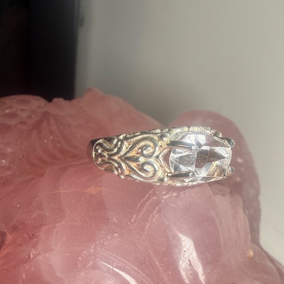 High Clarity Herkimer Diamond Ring East West Fancy Heart Filagree 7 - 7.25 - Picture 2 of 5